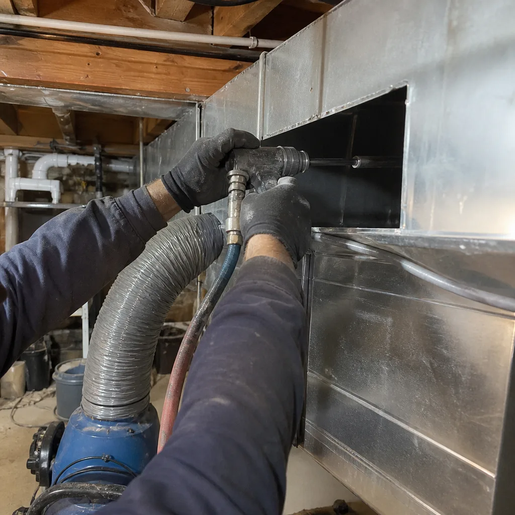 Technician using professional equipment for residential air duct cleaning