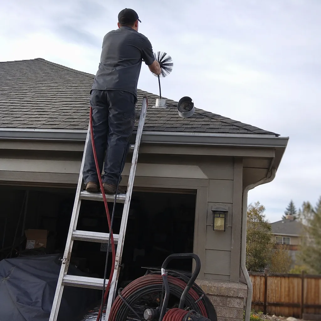 Technician performing professional dryer vent cleaning on a residential roof