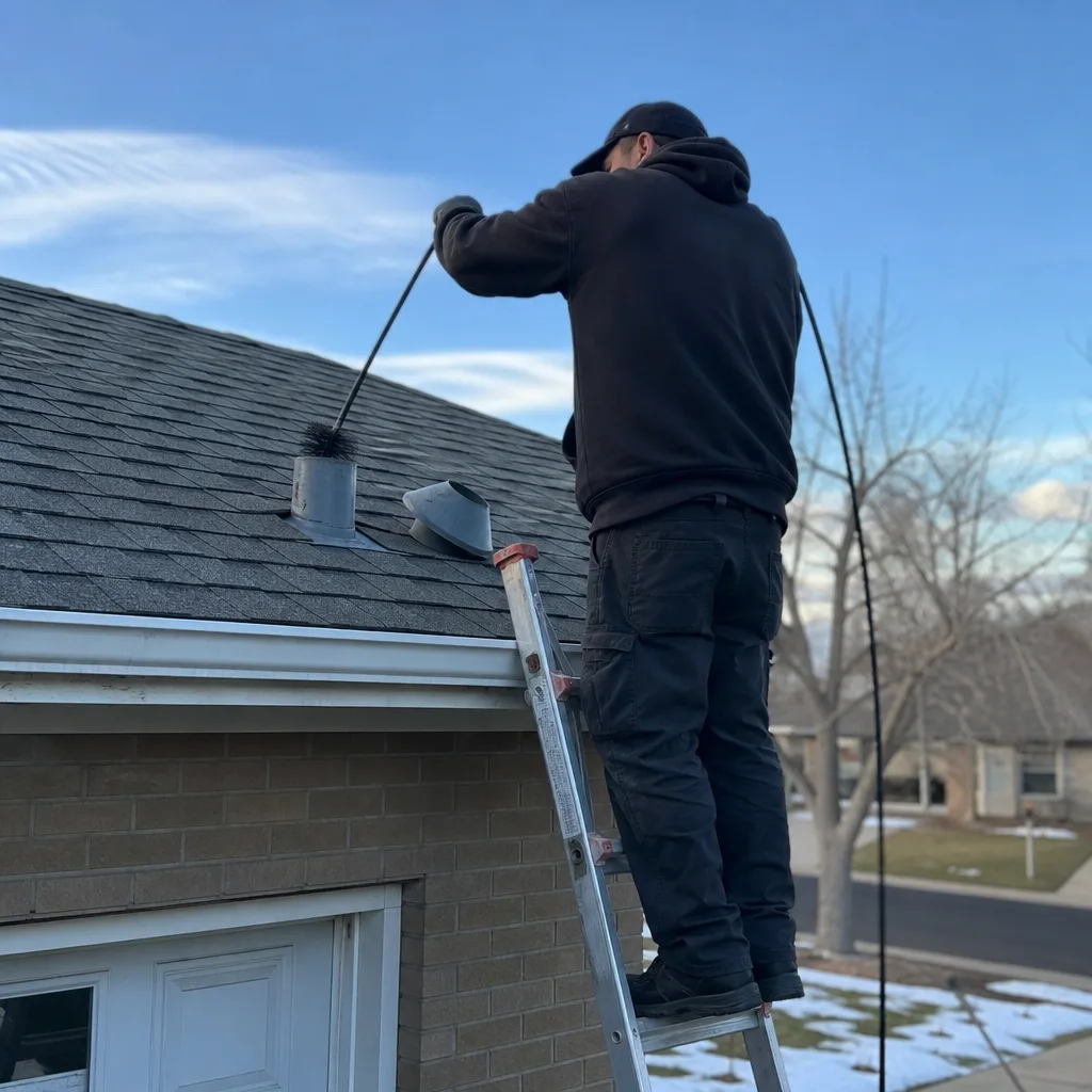 Technician performing professional dryer vent cleaning on a residential roof