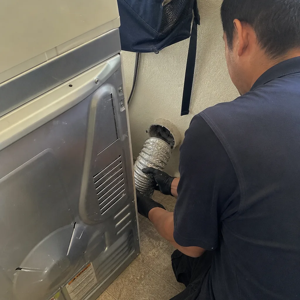 Technician performing professional dryer vent cleaning to remove lint